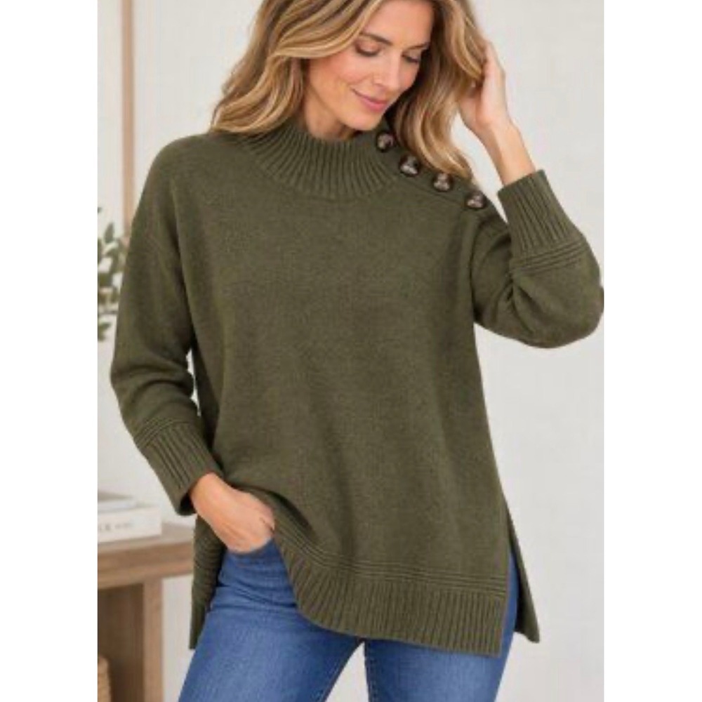 Anthropologie Olive Green Mock Neck Button Shoulder Knit Sweater XS